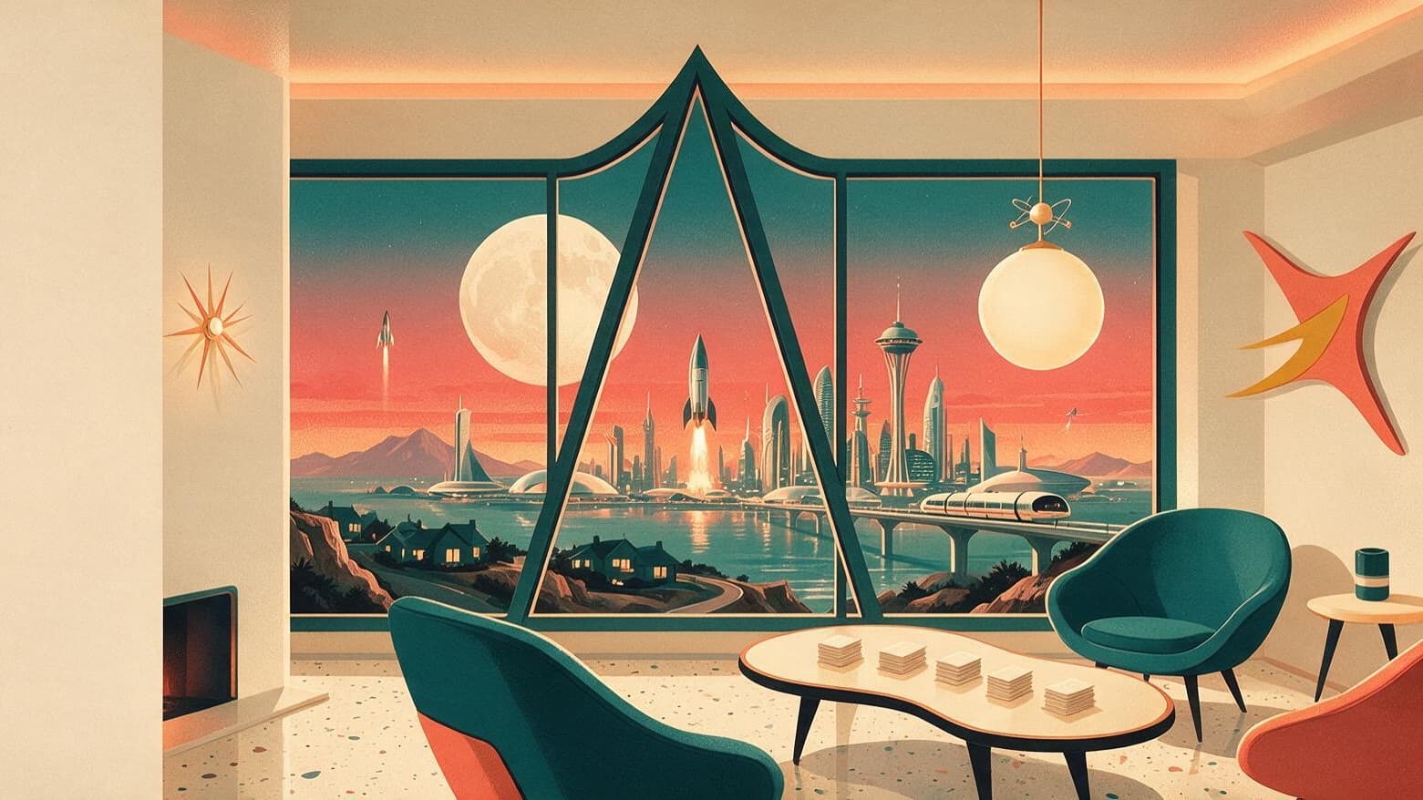 A mid-century living room with stacks of cards on a kidney-shaped table, looking out on a retro-future city at dusk.