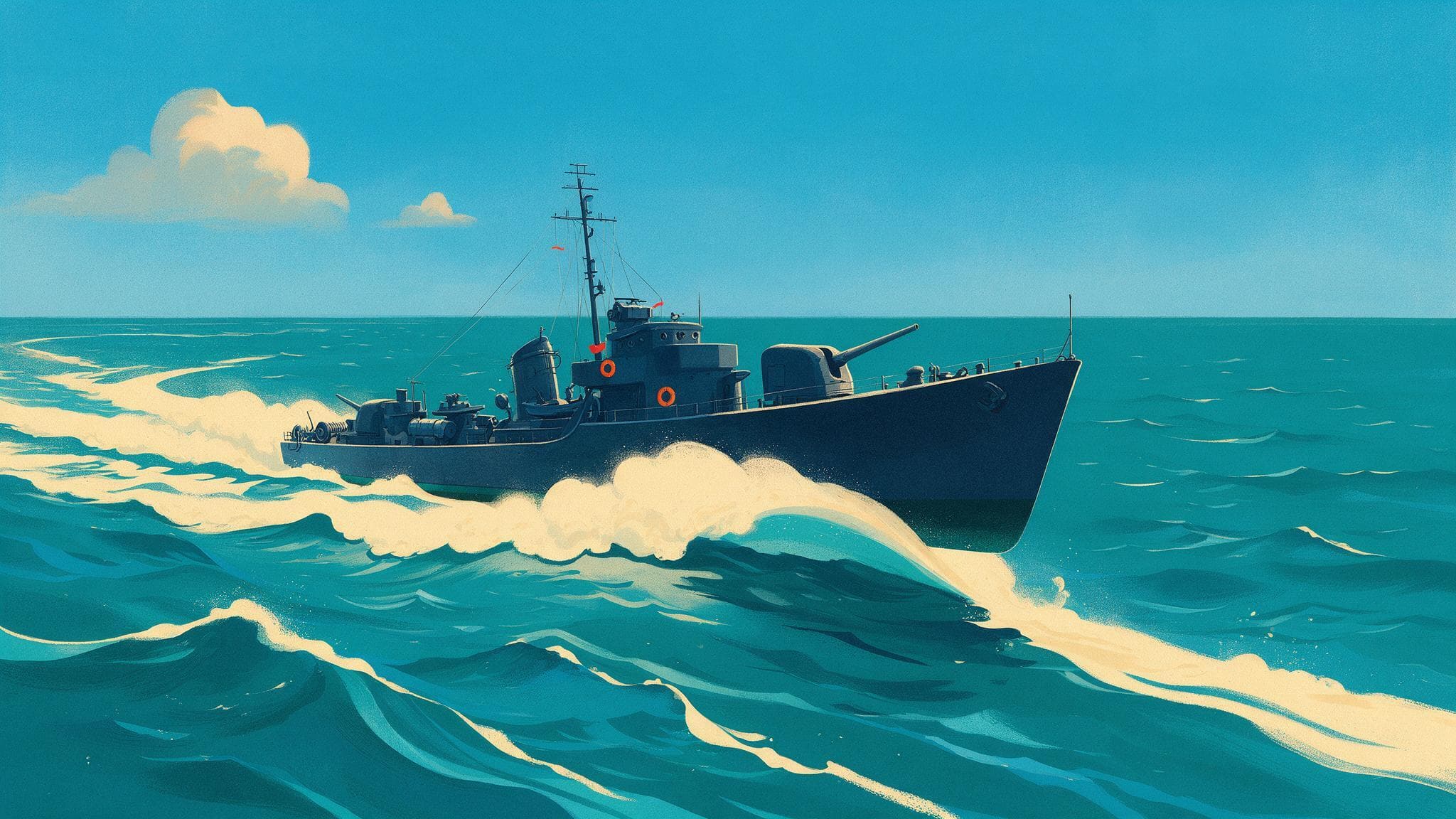 An illustrated destroyer cutting through the blue-green waves of an imaginary ocean.
