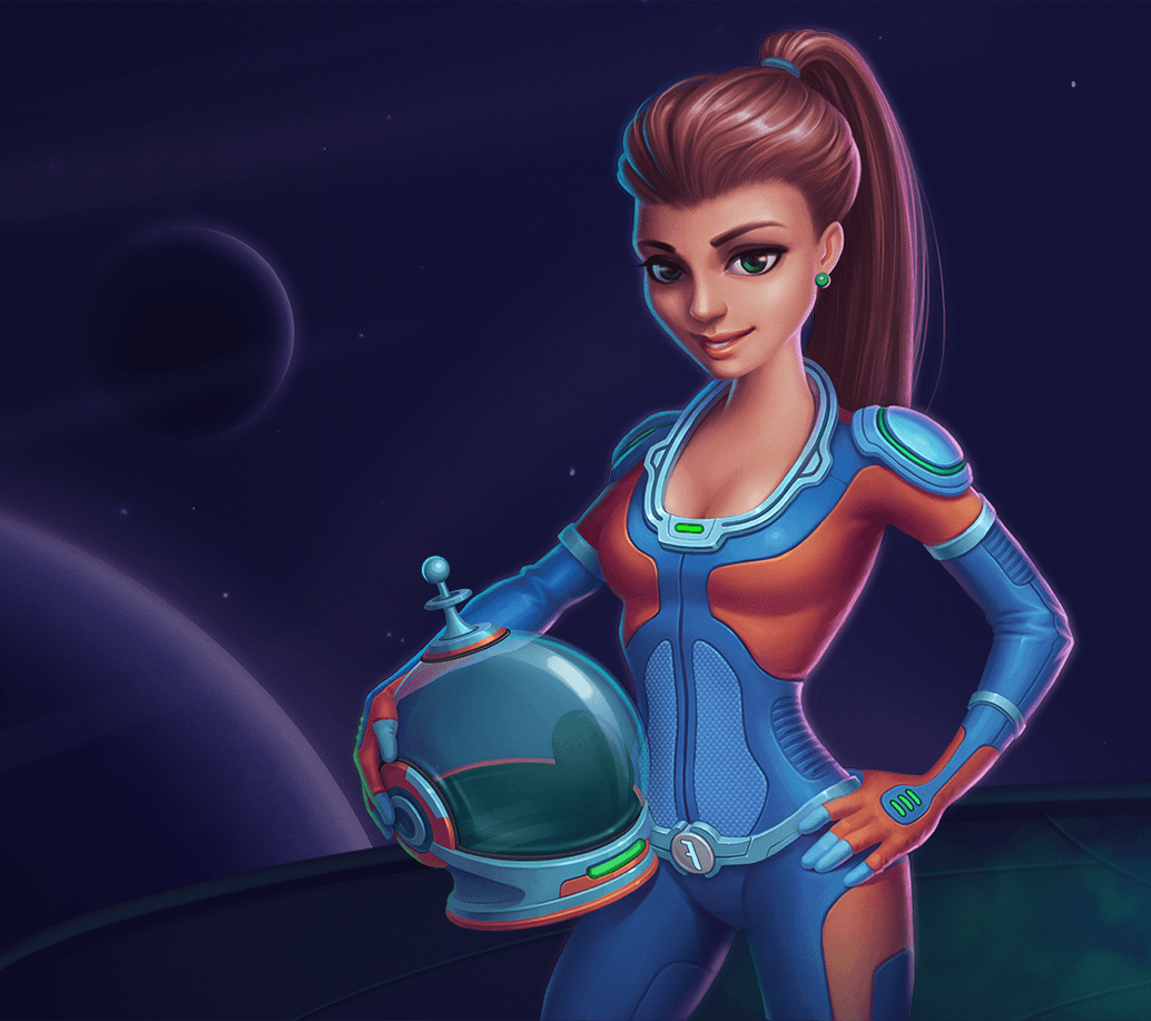 Original Fission Girl character artwork: an auburn-haired space adventurer holding her helmet.