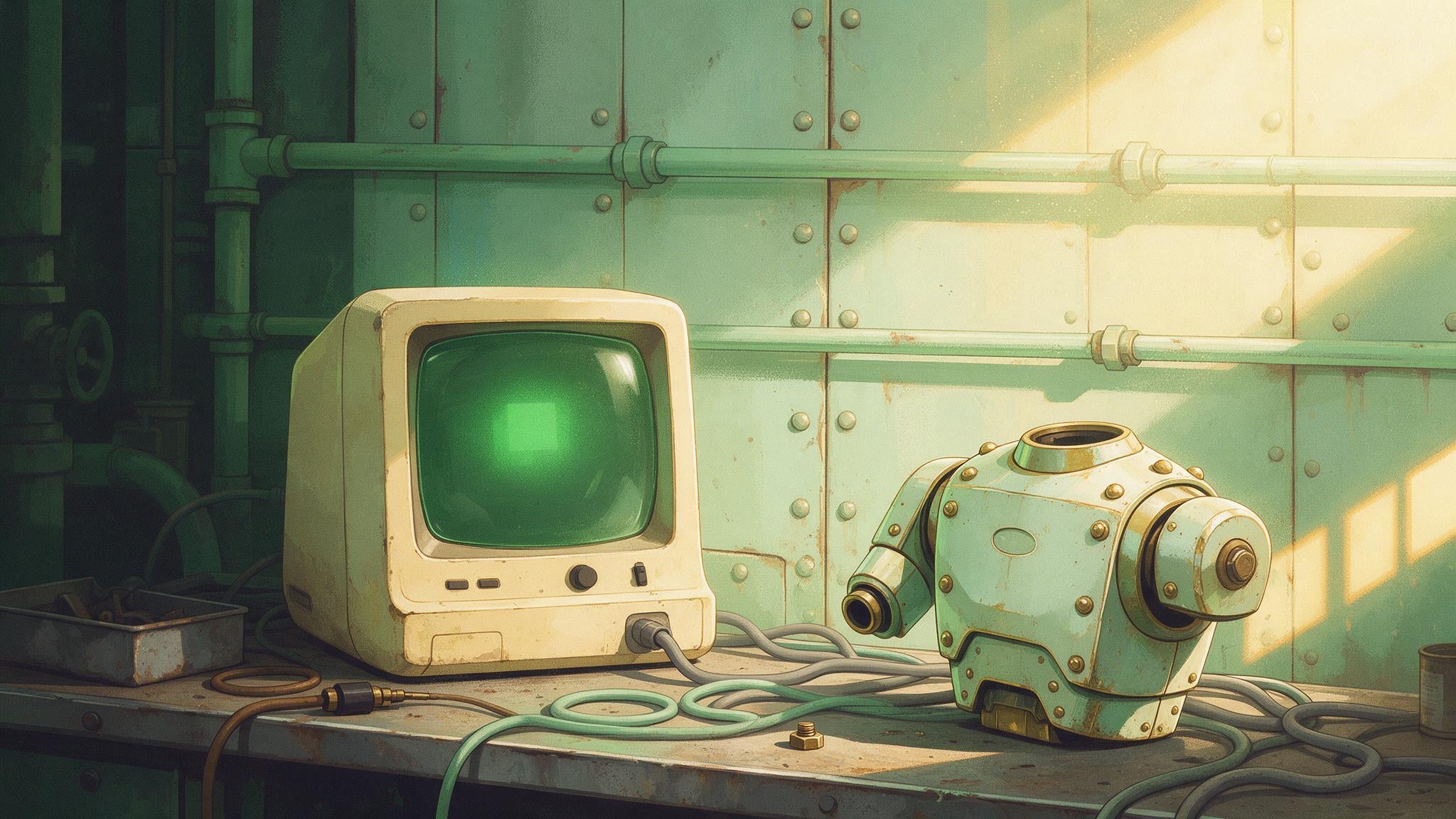 An old robotics workshop with a glowing green terminal, inviting a closer look.