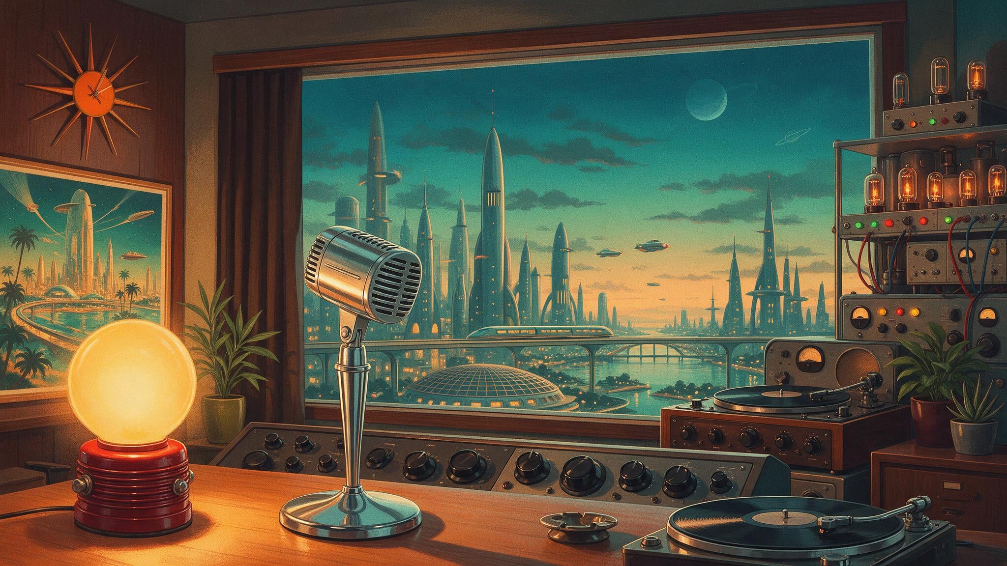 A warm, glowing radio studio overlooking a strange atomic-age city.