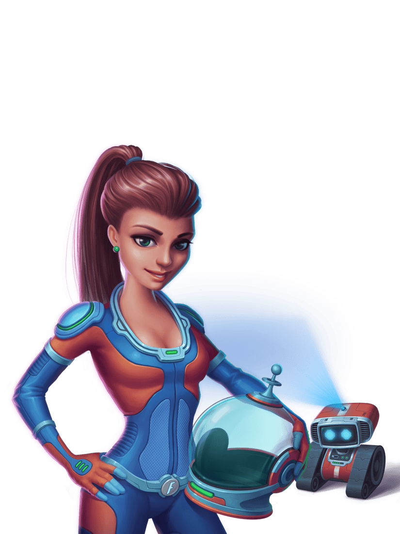 Fission Girl in her space suit, helmet under her arm, beside a small tracked robot.
